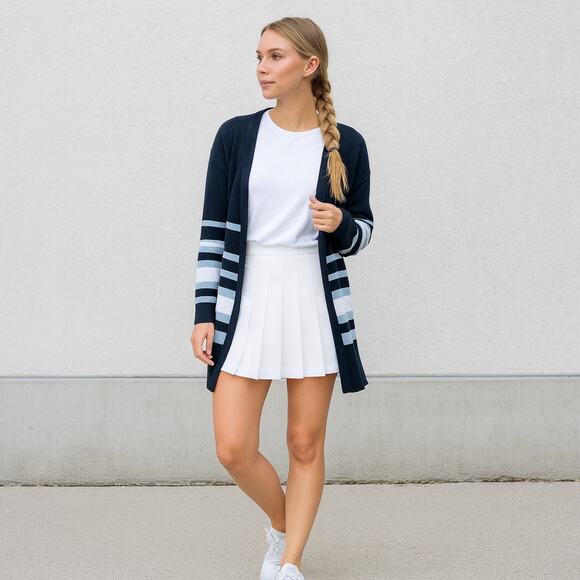 Anthropologie Iwie navy and blue striped knit open front cardigan S - Picture 1 of 5